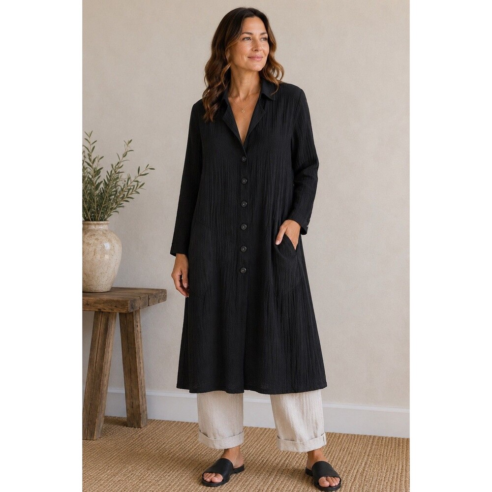 Vintage FLAX by Jeanne Engelhart Crinkled Rayon Duster Jacket – Black M - Picture 1 of 7